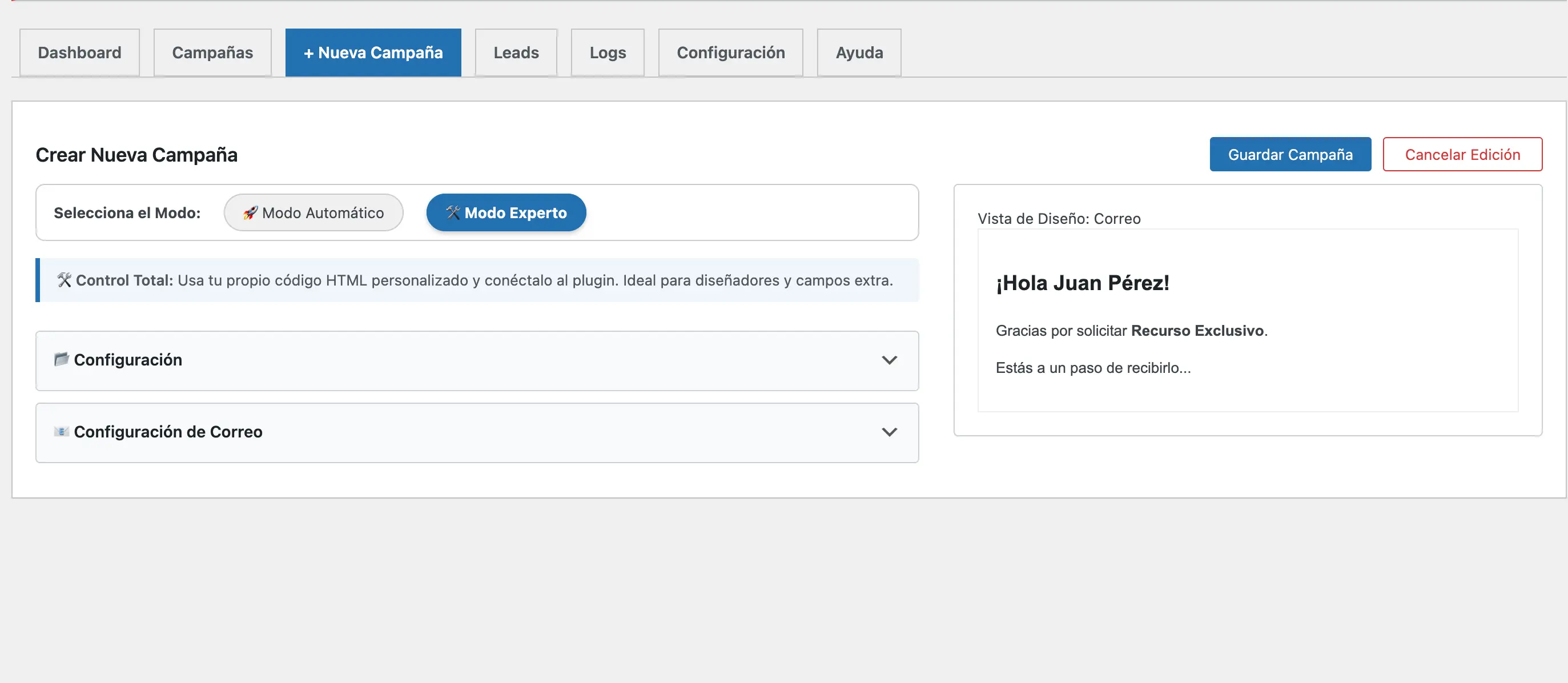 Panel de Modo Experto