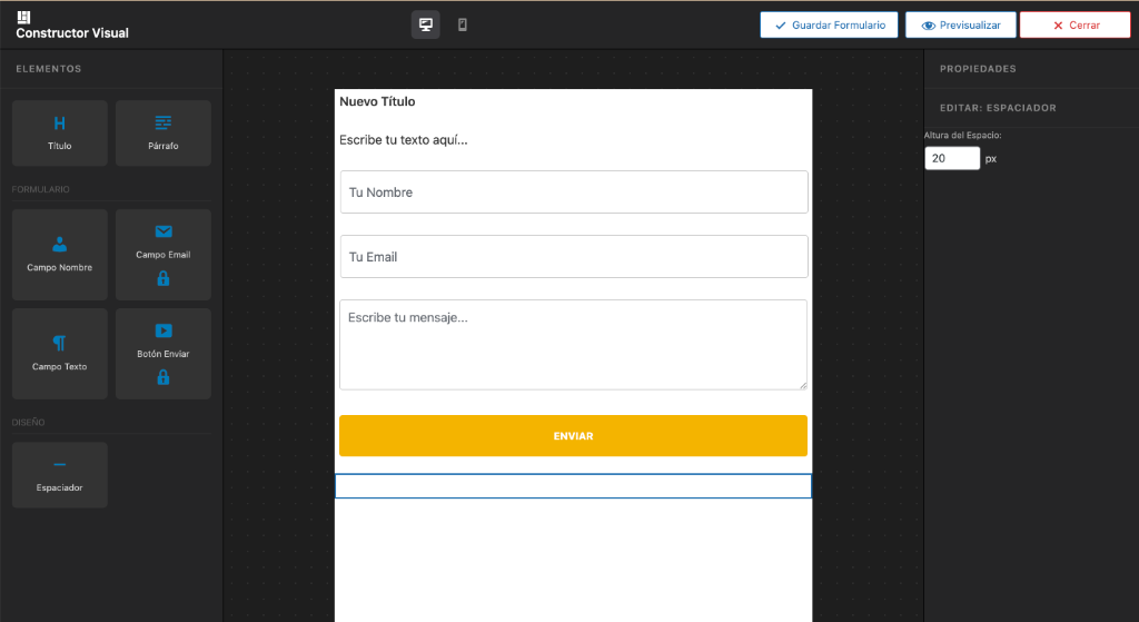 Propiedades Espaciador