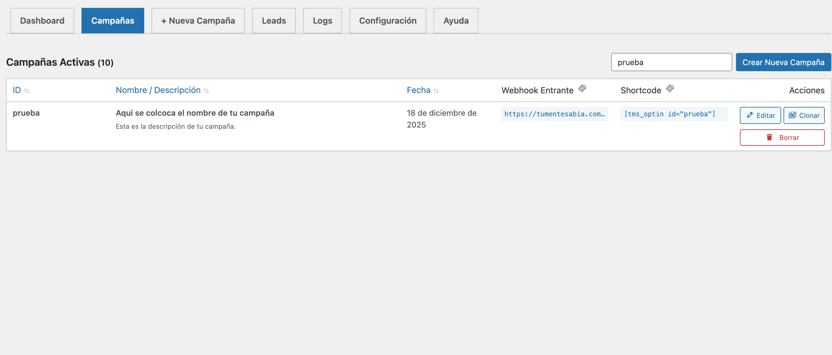 Listado de Campañas