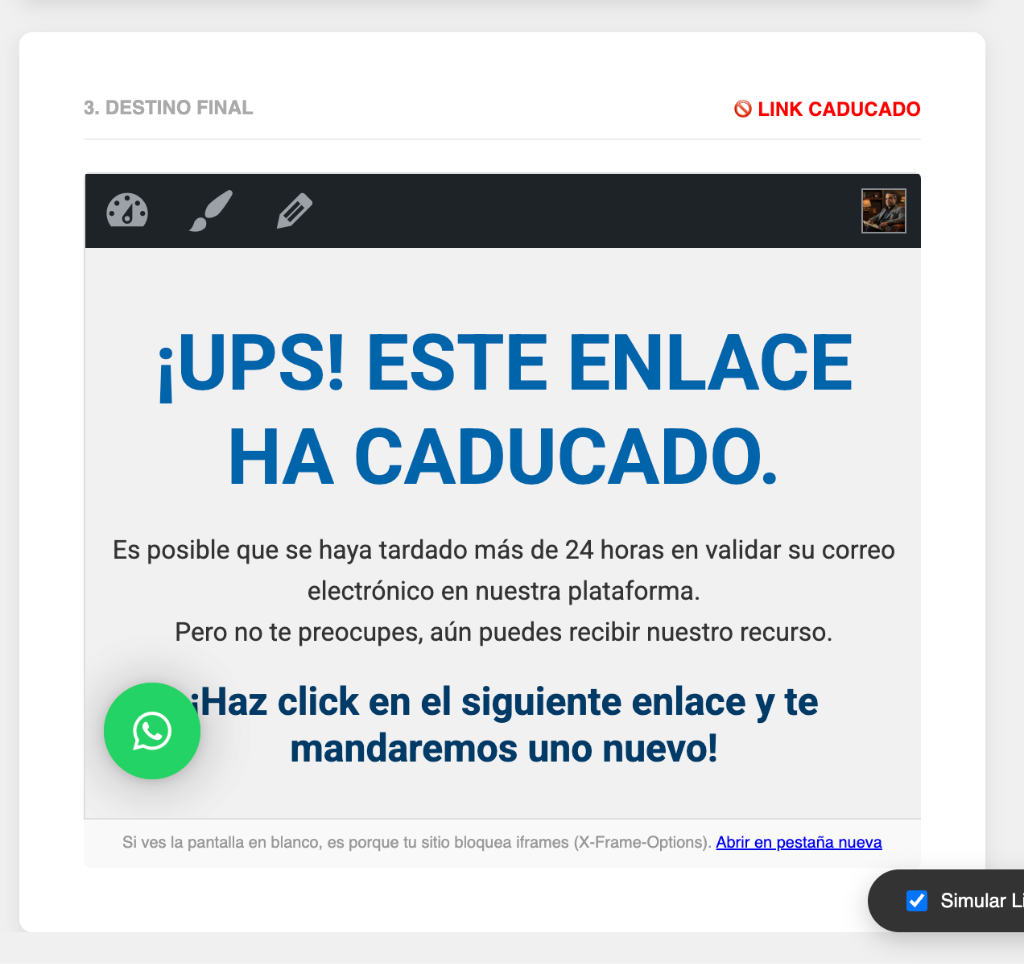 Pantalla de Link Caducado